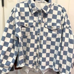 Checkered white & denim “shacket”
